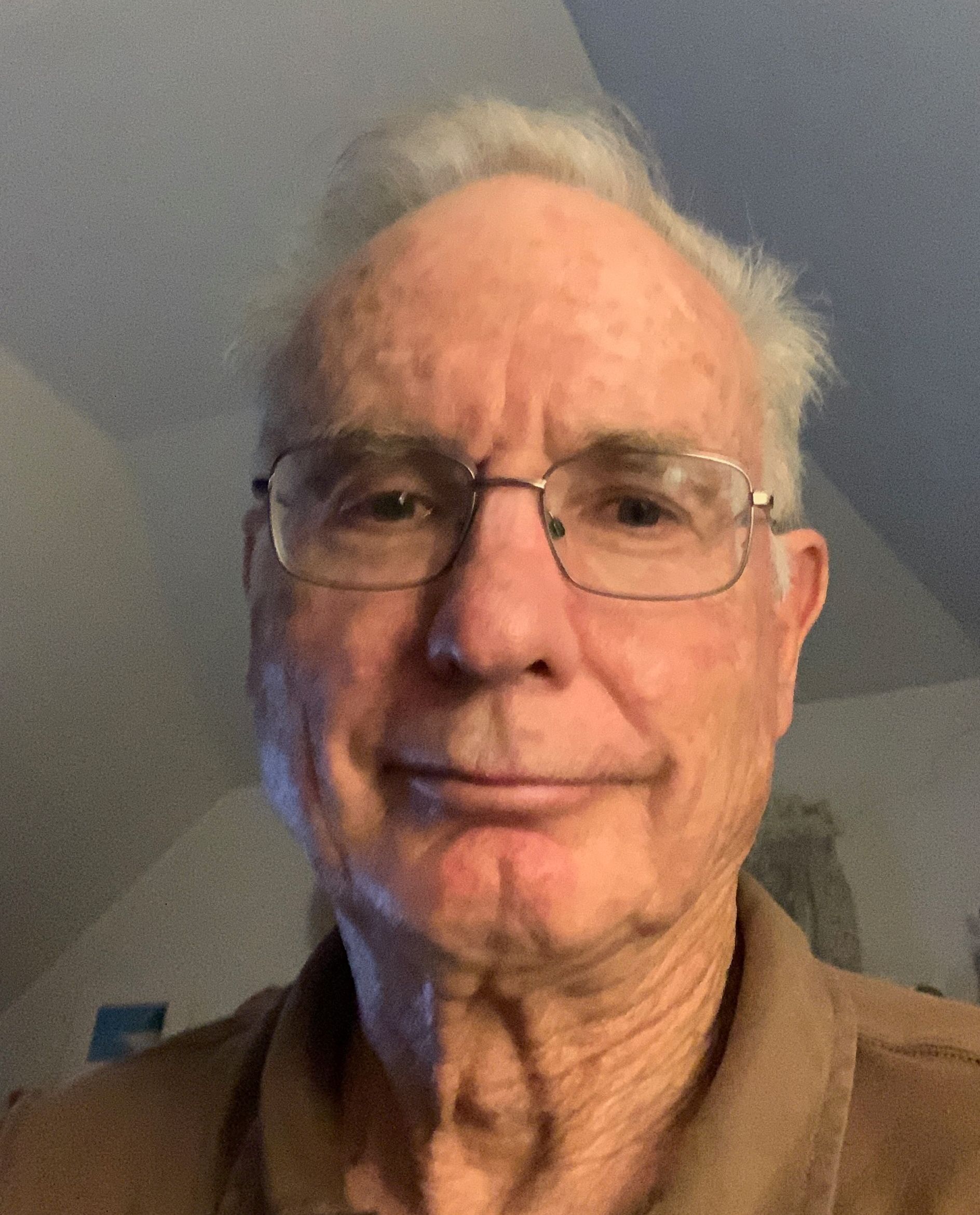 A man wearing glasses and a brown shirt is smiling for the camera.