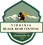 The logo for the virginia black bear festival shows a bear carrying a backpack.