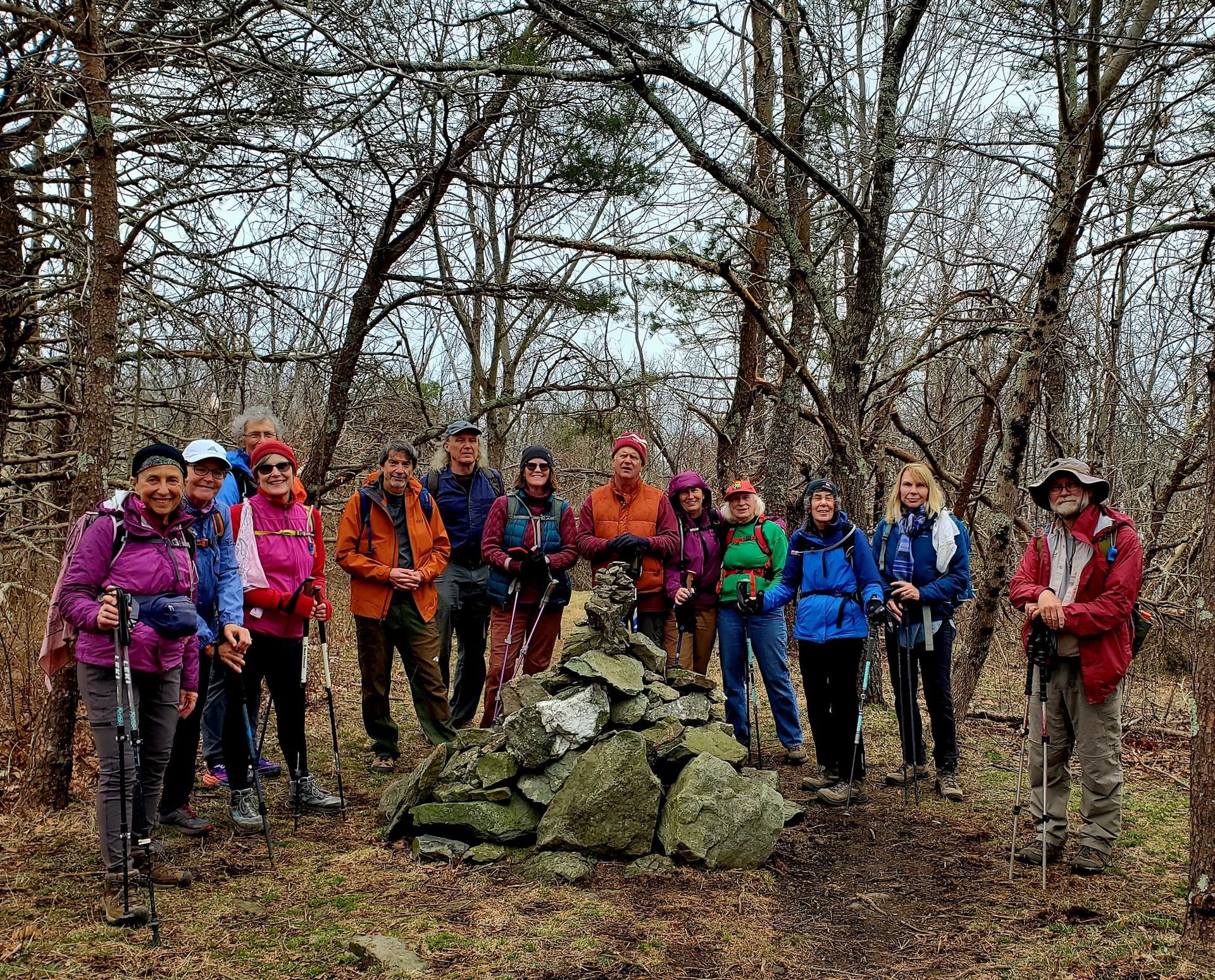 A group of people are standing around a pile of rocks in the woods.