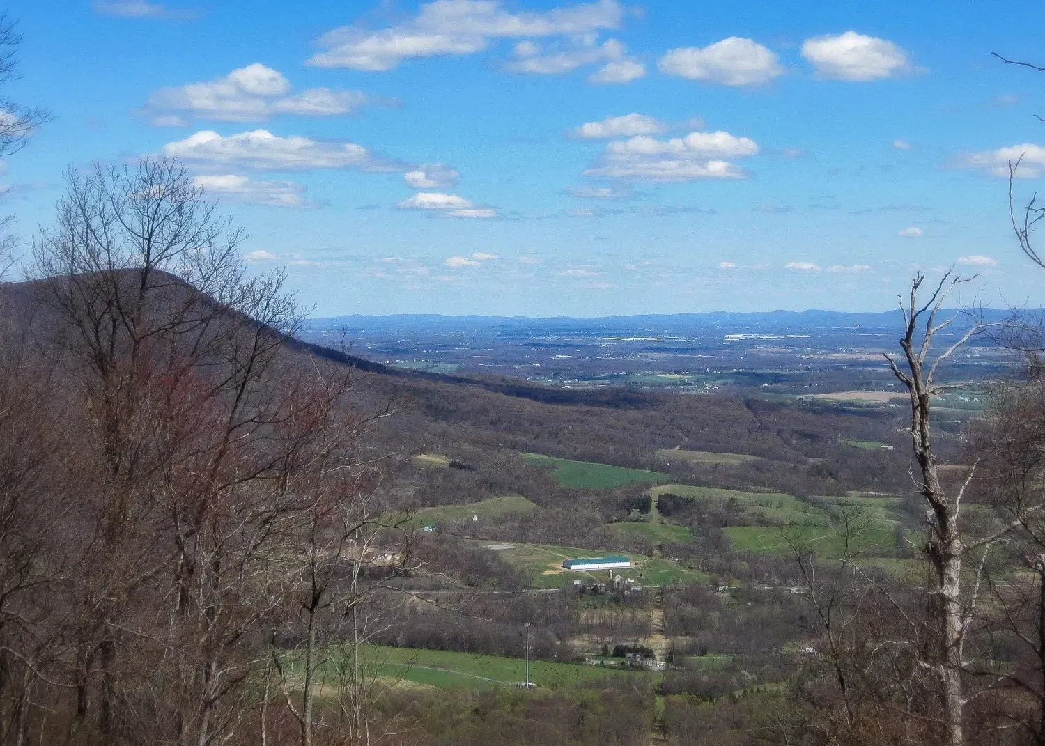 A view of a valley with mountains in the background and trees in the foreground