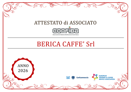 Attestato di associato Berica Caffè Srl con bordo decorativo rosso e timbro “Anno 2026”