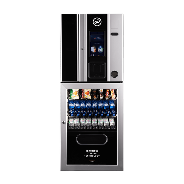 Distributore automatico moderno nero e argento con bevande e snack esposti dietro una vetrata.