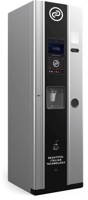 Distributore automatico di acqua color argento con pannello frontale nero e comandi touchscreen.