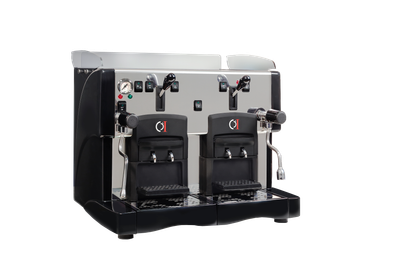 Macchina da caffè professionale nera e argento con due macinacaffè e pulsanti di controllo.