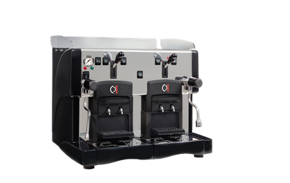 Macchina da caffè professionale nera e argento con due macinacaffè e pulsanti di controllo.