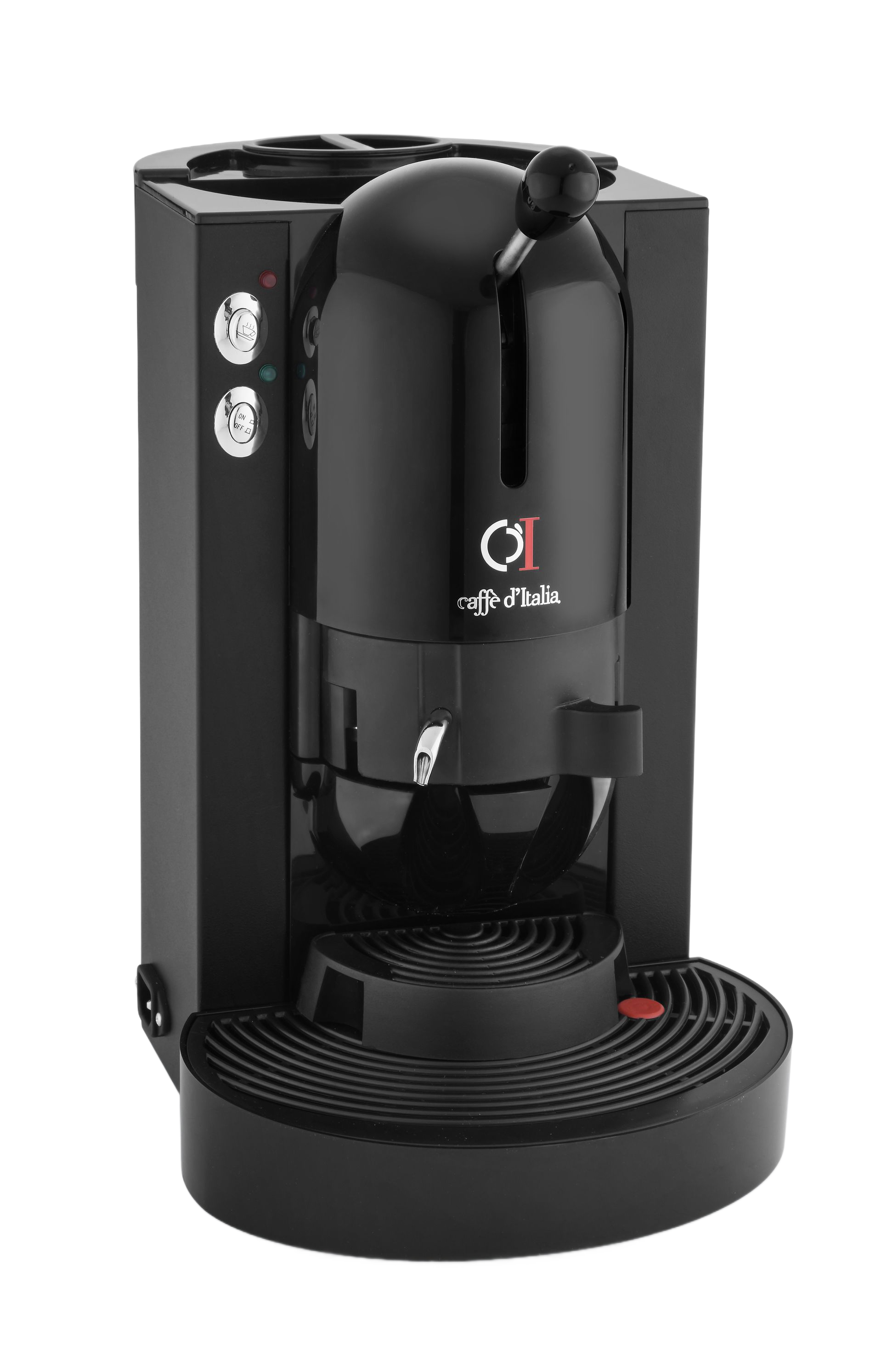 Macchina da caffè monodose nera con vassoio raccogligocce e interfaccia per portabicchiere.