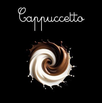 Testo "Cappuccino" sopra una spirale di schizzi di caffè marroni e bianchi su sfondo nero.