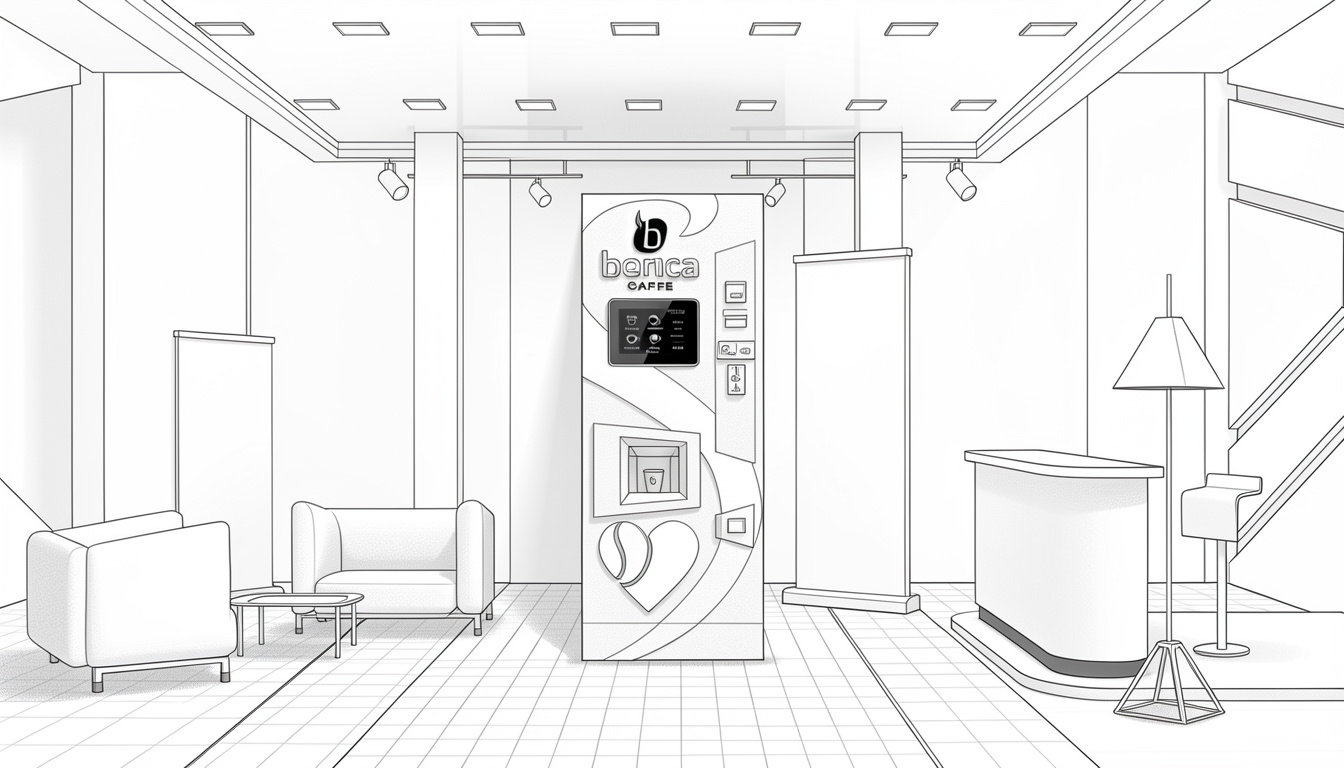 Schizzo minimalista in bianco e nero di un interno di ufficio open space con scrivanie, sedie, lampade a sospensione e una porta centrale.