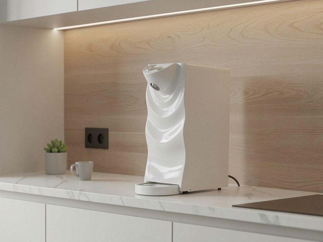 Elettrodomestico da appoggio bianco con pannello frontale ondulato su un moderno piano di lavoro da cucina, accanto a una tazza e una piccola pianta.