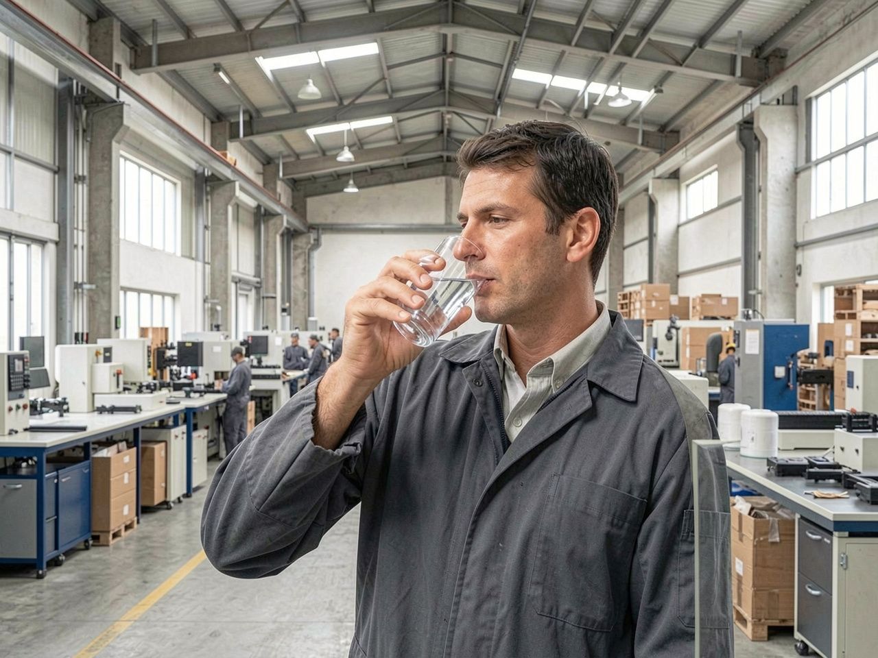 Un uomo beve acqua in una luminosa officina industriale con macchinari e banchi da lavoro.