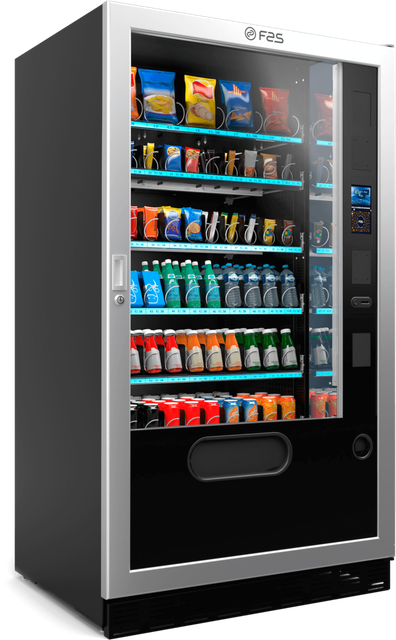 Distributore automatico nero con snack e bevande in esposizione, pannello frontale illuminato e tastiera di pagamento sulla destra.