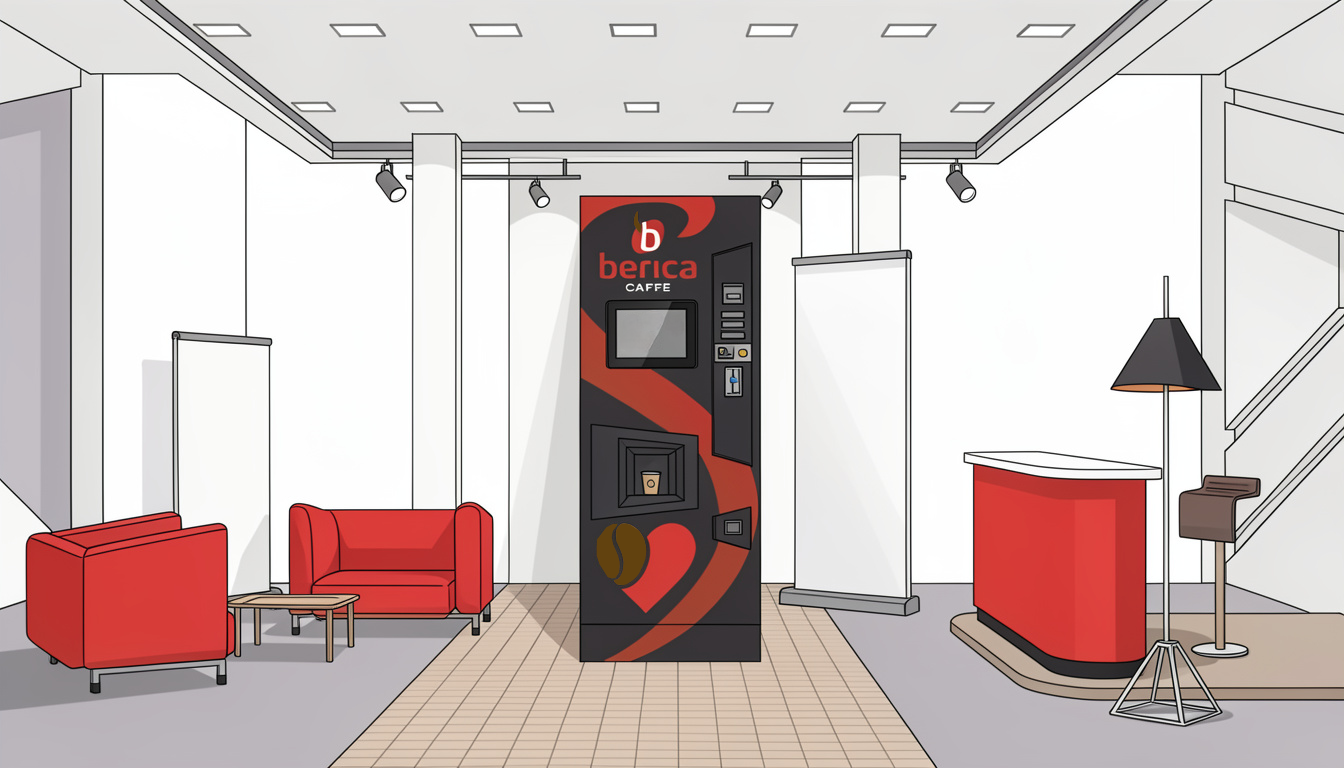 Atrio moderno con divani rossi e un distributore automatico nero posizionato al centro di un pavimento piastrellato.