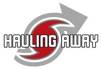 A logo for hauling away with a red swirl and arrow