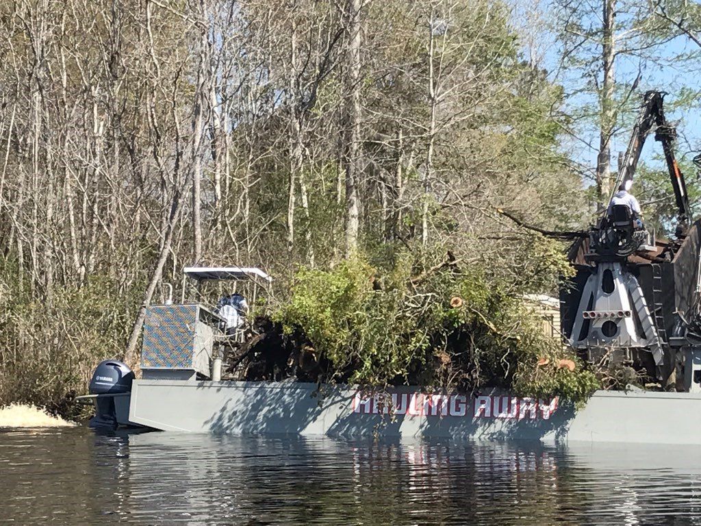 A boat is floating on top of a body of water with trees in the background.