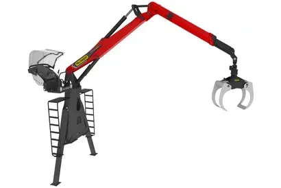 A red and black crane with a claw attached to it for debris removal services.