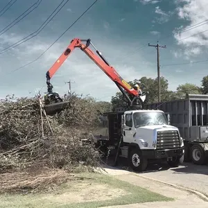 A dump truck is being loaded with branches by a crane for debris removal services