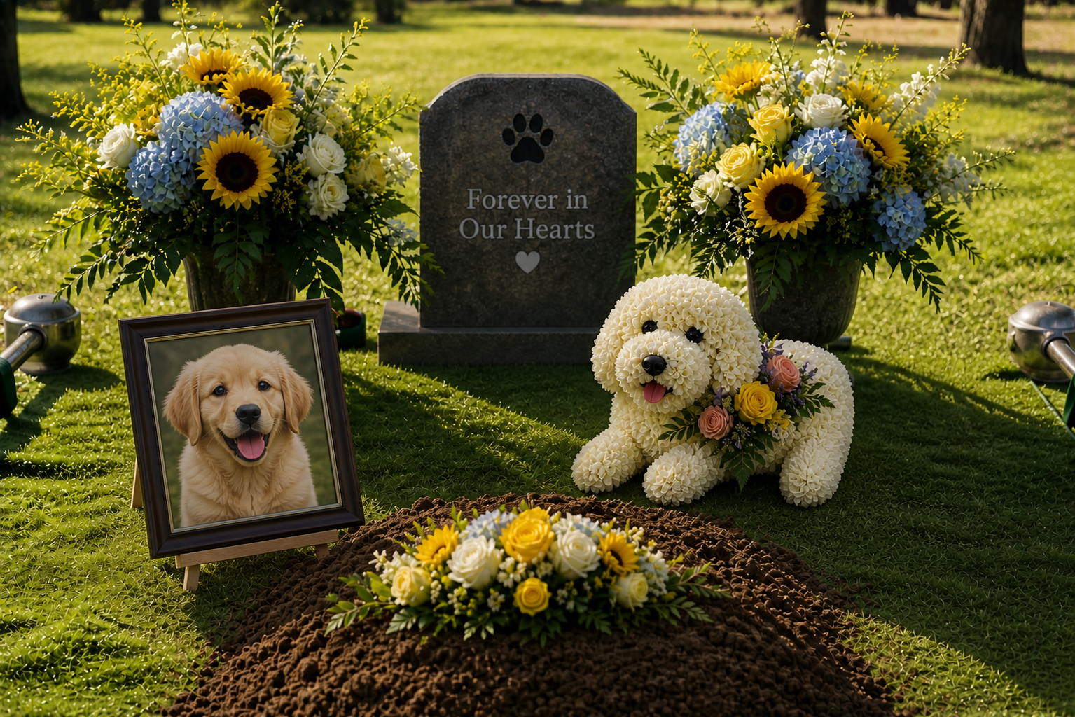 Pet memorial gravesite with flowers, headstone, and dog remembrance setup