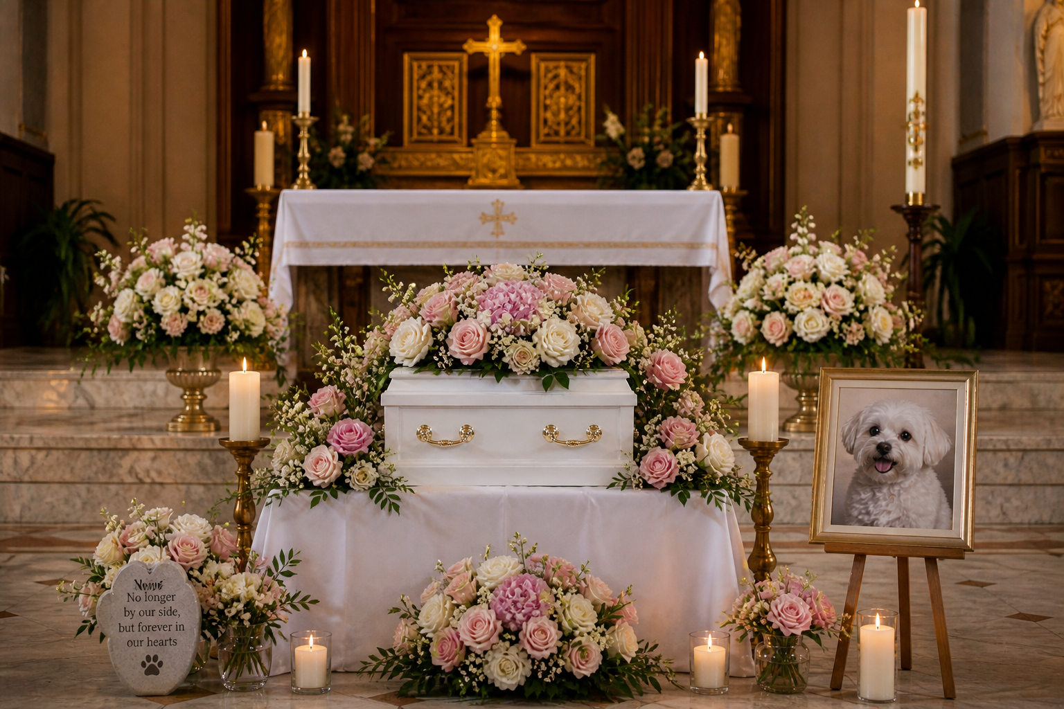 Pet funeral service in church with white casket, flowers, and memorial portrait
