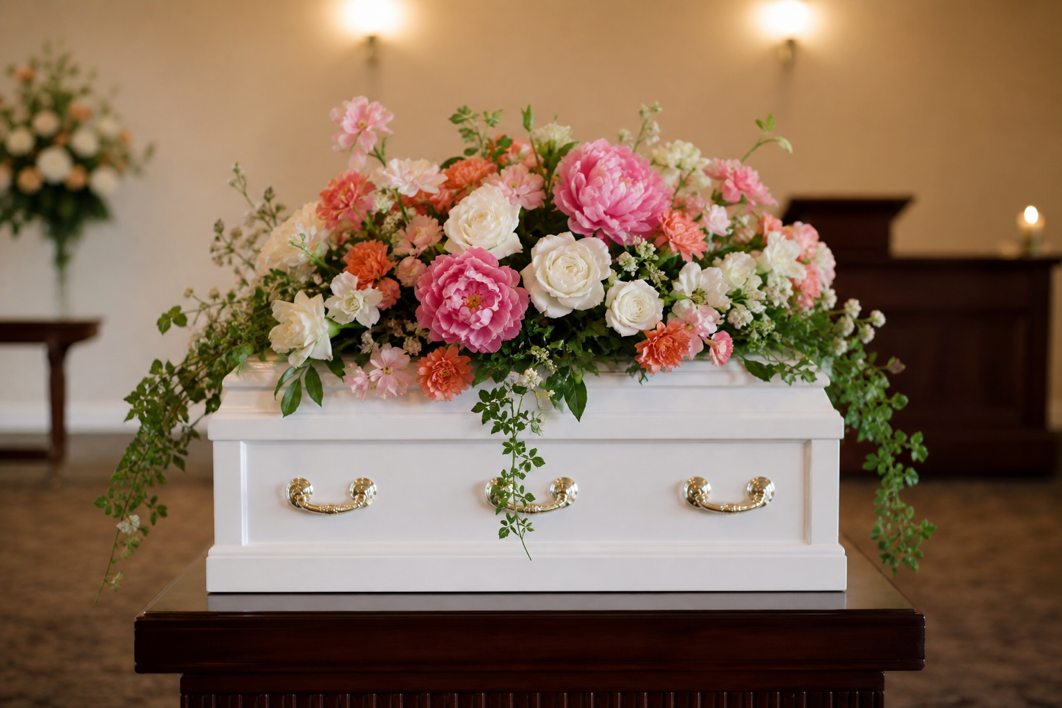 Elegant white pet casket with floral arrangement for dog or cat funeral service