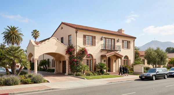 A cream-colored, two-story Spanish colonial revival building with a porte-cochère, tiled roof, and a black car in front.