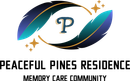 Logo for Peaceful Pines Residence Memory Care Community featuring a central "P" framed by two stylized feathers and stars.