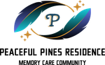 Logo for Peaceful Pines Residence Memory Care Community featuring a central "P" framed by two stylized feathers and stars.