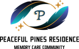 Logo for Peaceful Pines Residence Memory Care Community featuring a central "P" framed by two stylized feathers and stars.