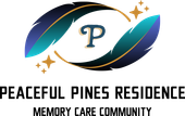 Logo for Peaceful Pines Residence Memory Care Community featuring a central "P" framed by two stylized feathers and stars.