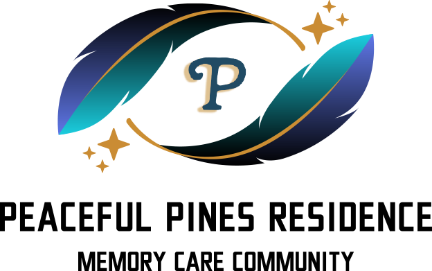 A Peaceful Pines Residency logo with two feathers and the letter p on a white background.