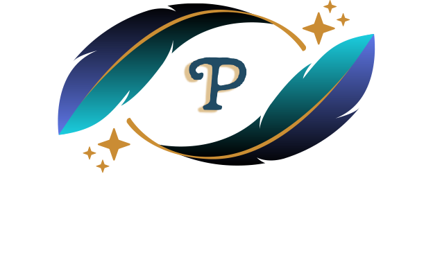 A Peaceful Pines Residency logo with two feathers and the letter p on a white background.