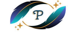 A Peaceful Pines Residency logo with two feathers and the letter p on a white background.