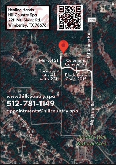 Map showing directions to Healing Hands Hill Country Spa in Wimberley, TX. Red marker pinpoints location on Mt. Sharp Rd.