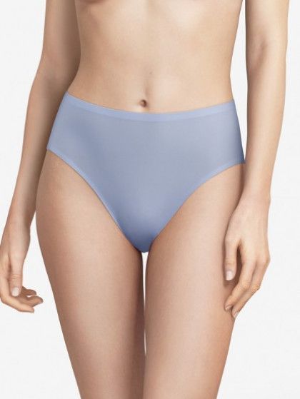 Woman wearing light blue high-waisted underwear, torso visible from mid-chest to thighs.