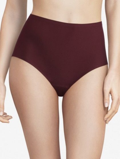 High-waisted burgundy underwear on a person, front view.