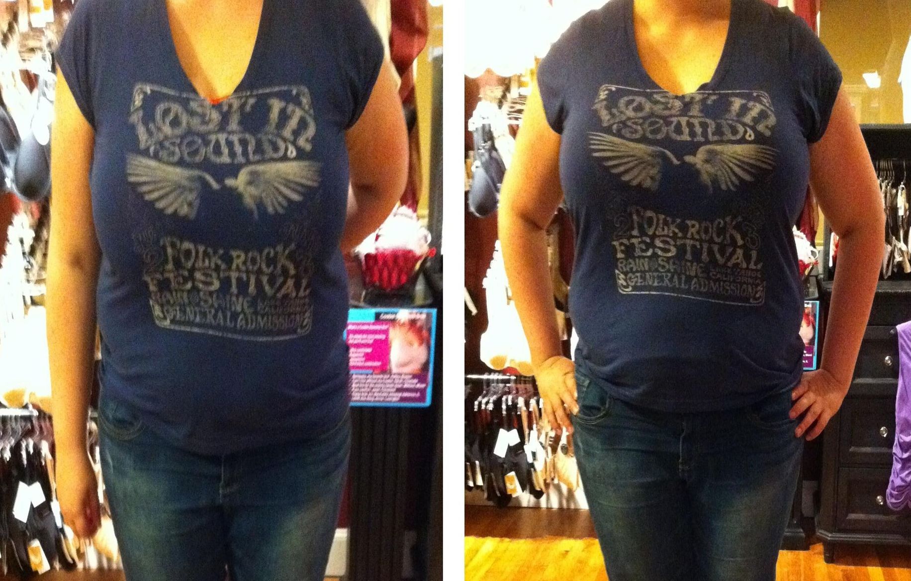 Two photos of a person wearing a blue shirt and jeans. Left: arms at sides. Right: hands on hips.