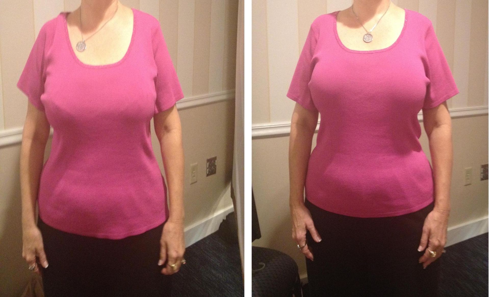 Side-by-side comparison of a person wearing a pink shirt, showing a difference in body shape.