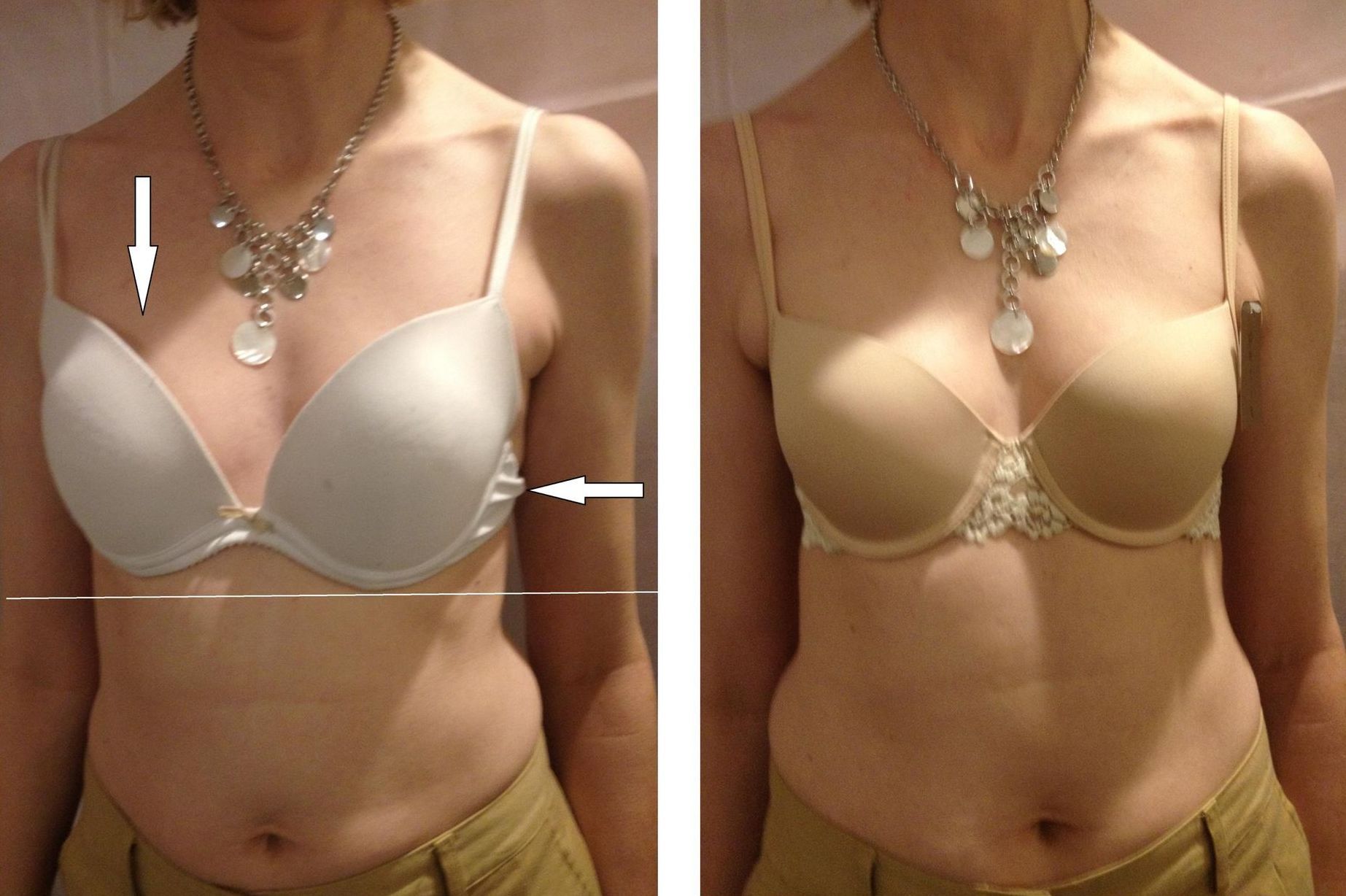 Comparison of a person in white and beige bras. The left bra has an arrow. The woman wears a necklace.