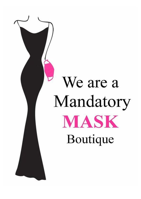 Silhouette in a black dress holding a pink mask. Text: Mandatory MASK Boutique.