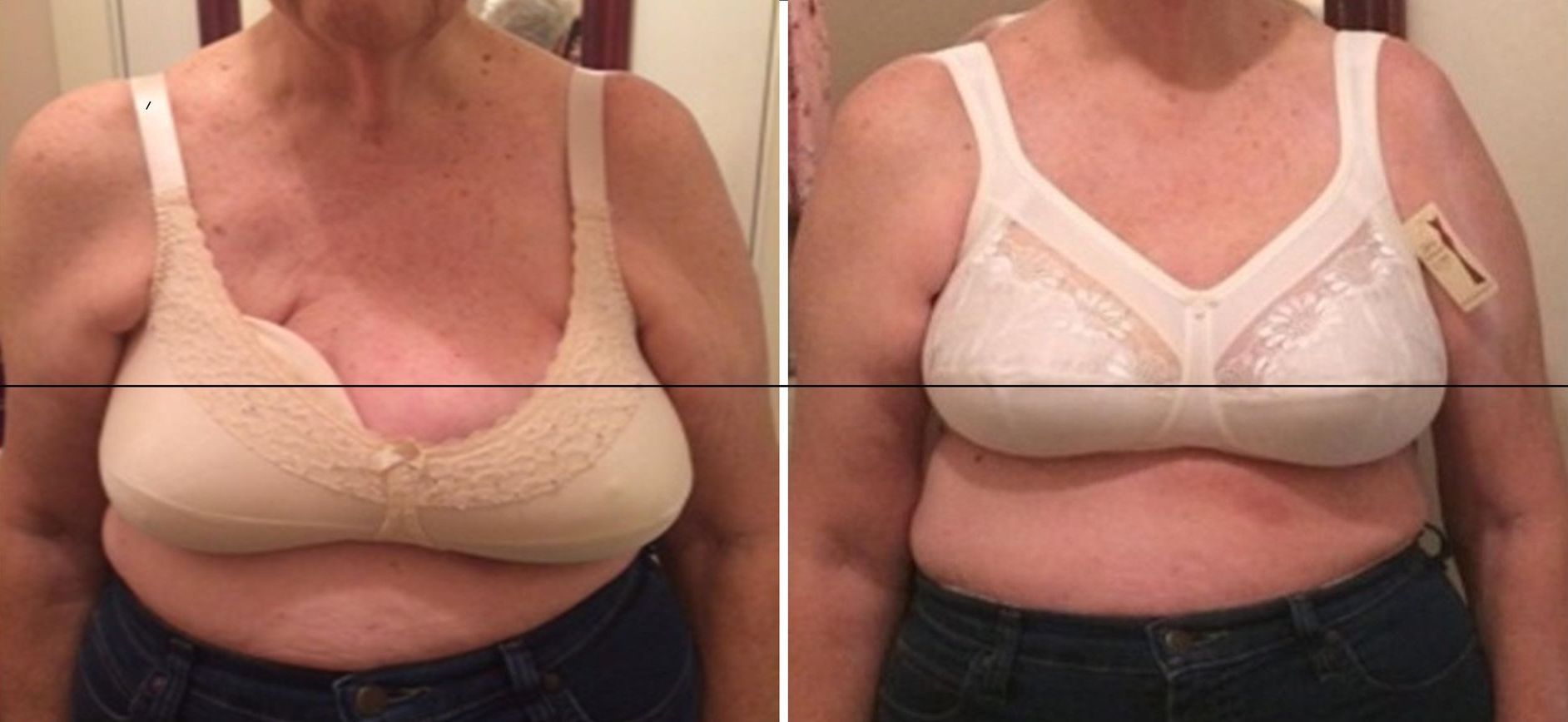 Woman wearing a beige bra on the left and a white bra on the right. Both bras have lace detailing.