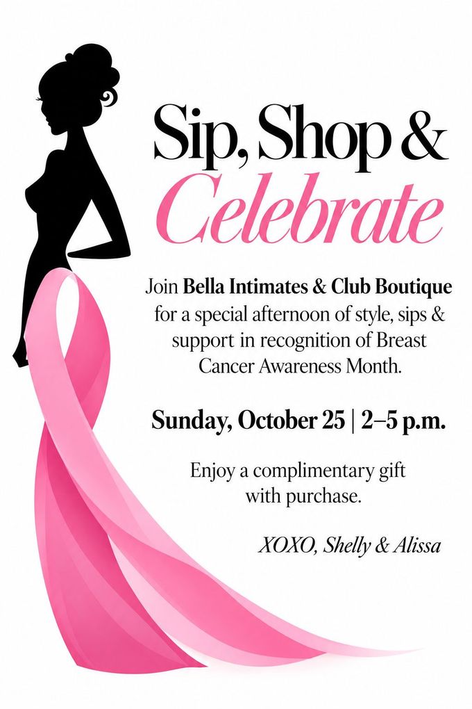 Sip, Shop & Celebrate breast cancer awareness fundraiser poster with pink ribbon and silhouette.