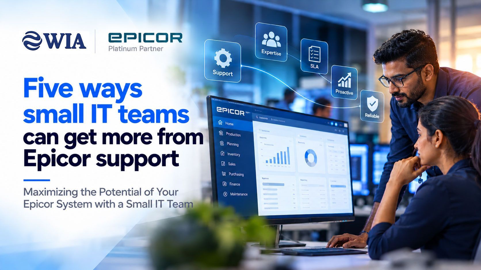 An IT support team reviewing an Epicor ERP dashboard on screen.