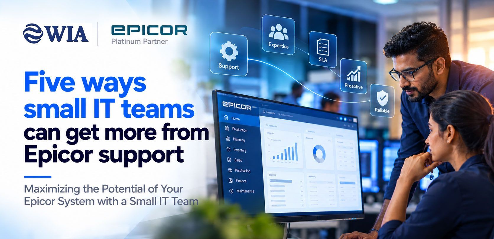 An IT support team reviewing an Epicor ERP dashboard on screen.