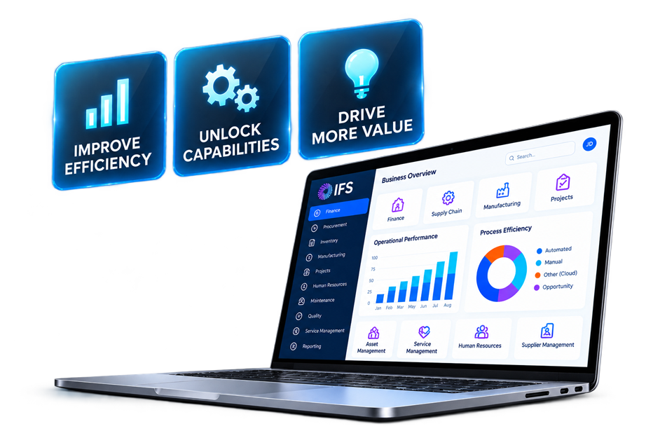 IFS Health Check dashboard on laptop with feature highlights