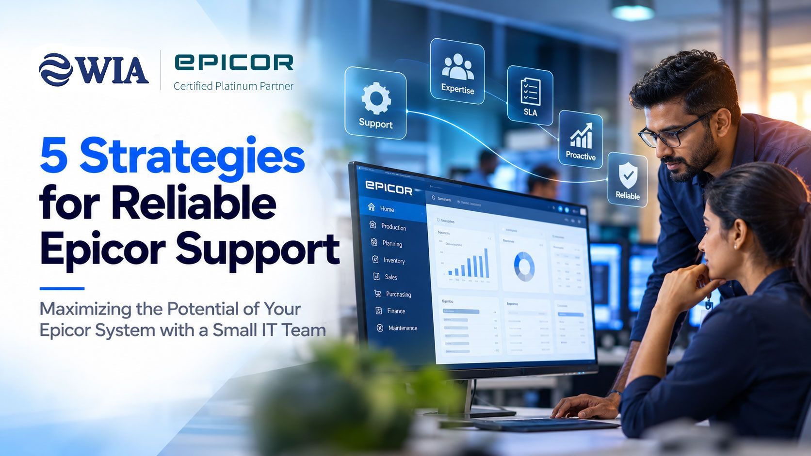 An IT support team reviewing an Epicor ERP dashboard on screen.