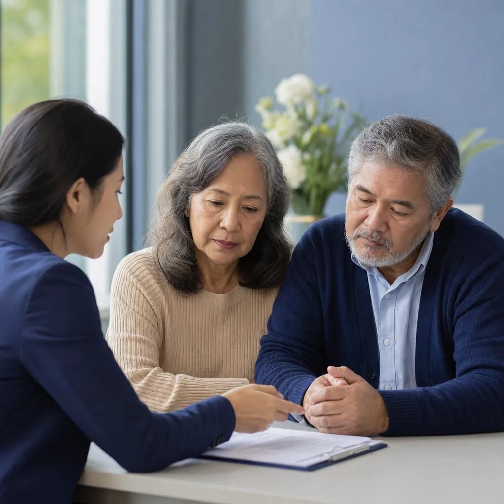 Advisor reviews open binder with older couple for cremation planning in Puyallup, WA