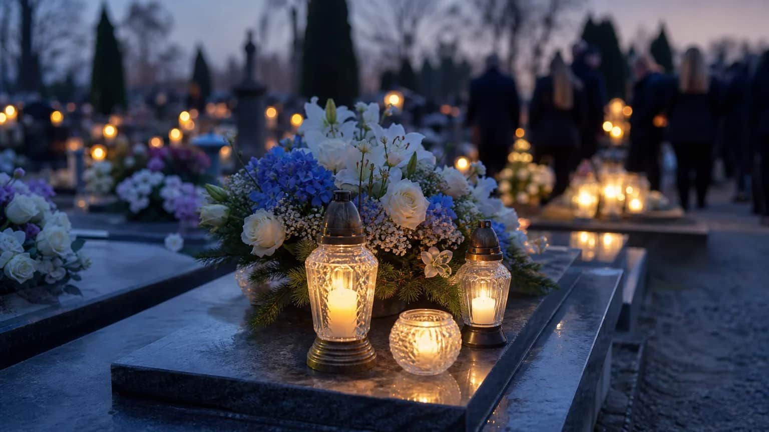 Lit candles and blue-white flowers rest on a grave at a Buckley, WA cemetery at dusk