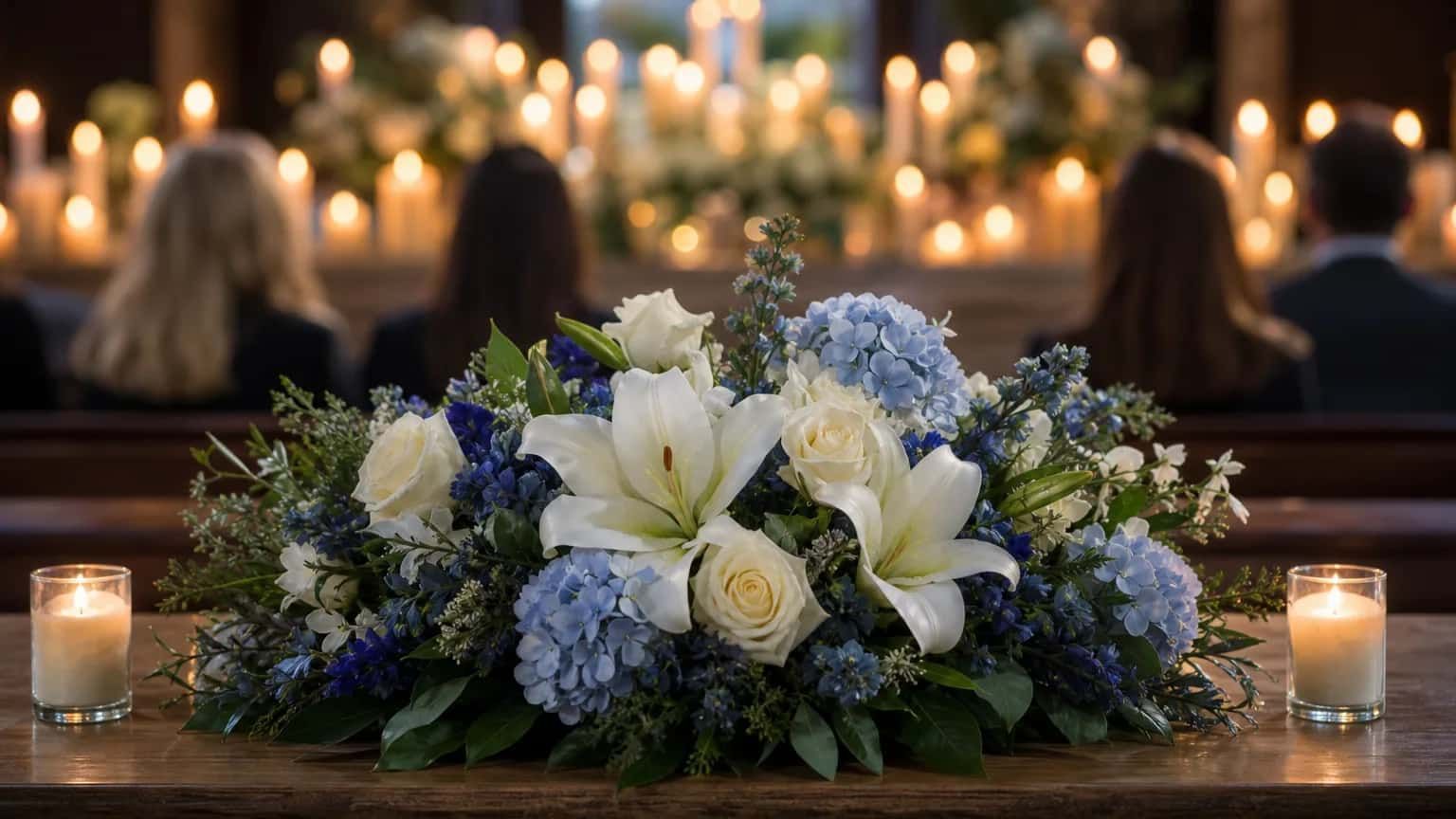 White lilies and blue hydrangeas sit between candles at a Puyallup, WA funeral home