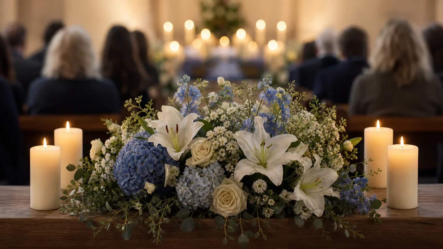 Lilies, roses, and blue hydrangeas sit between candles in an Enumclaw, WA funeral chapel