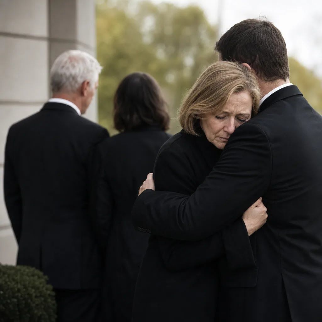 Man embraces grieving woman as mourners leave Buckley, WA funeral and cremation gathering