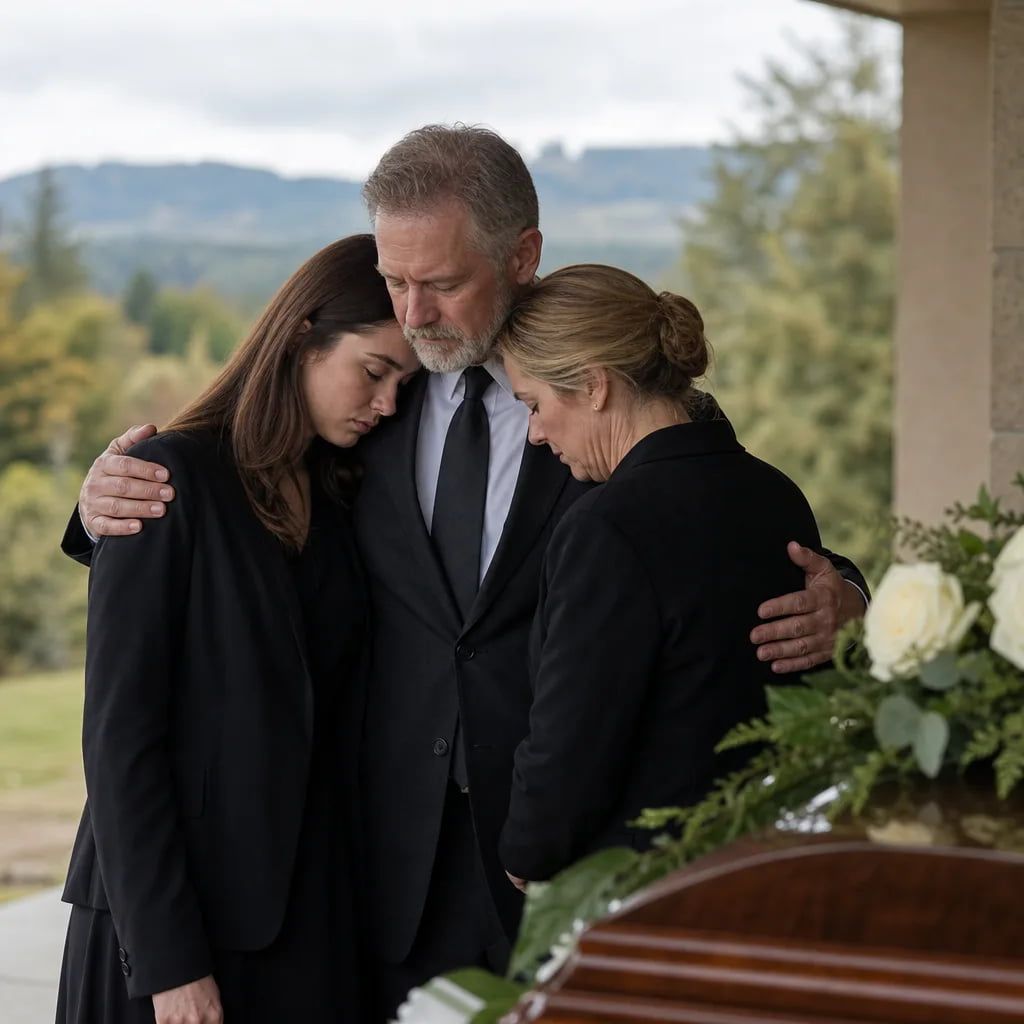 Mourners embrace beside a casket with white roses at an Enumclaw, WA funeral service